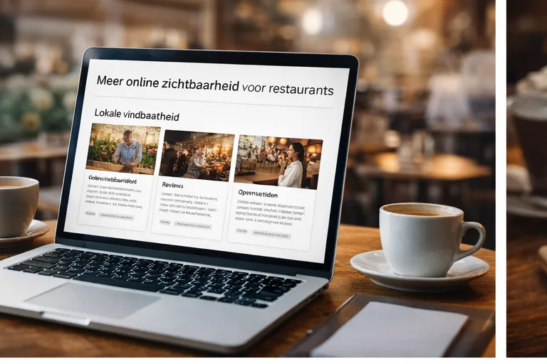 Laptop in restaurantsetting met informatie over online zichtbaarheid en lokale vindbaarheid voor restaurants.