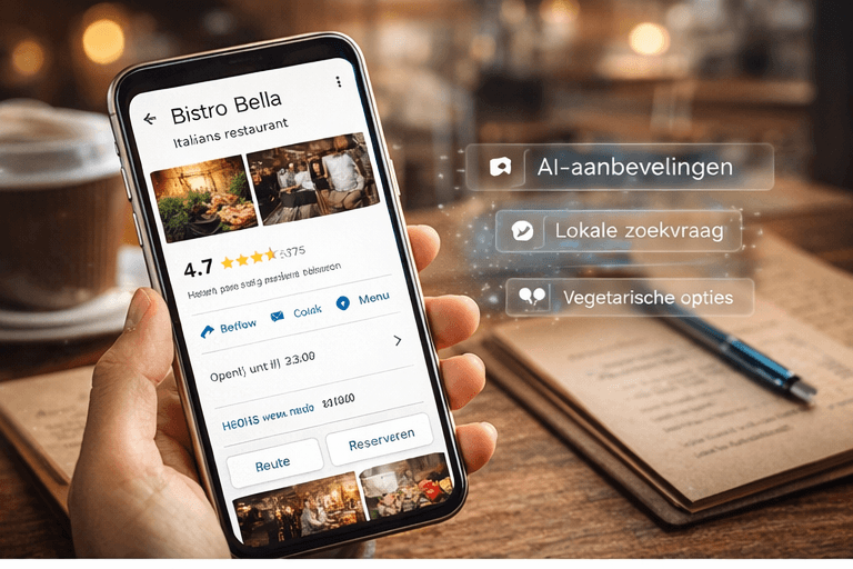 Smartphone met restaurantprofiel, reviews en AI-aanbevelingen voor lokale horeca.