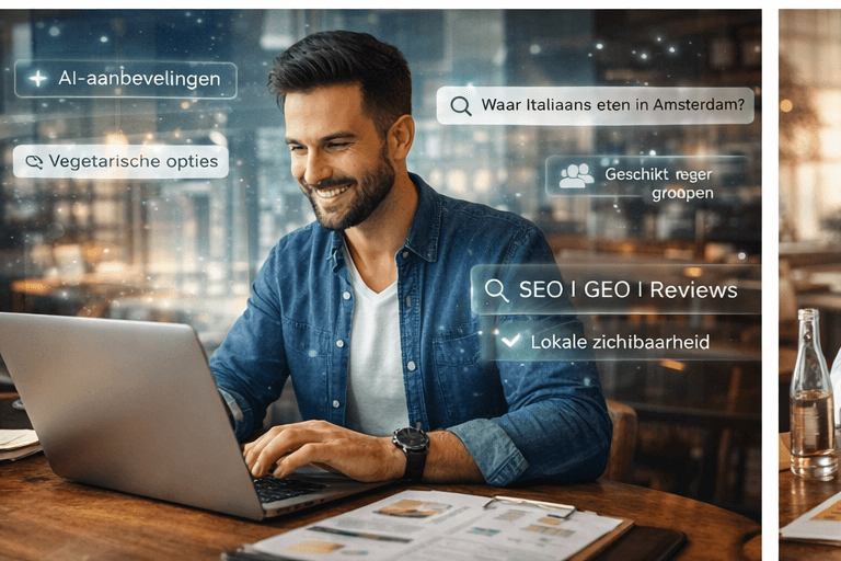 Horecaondernemer werkt op laptop met zoekvragen over SEO, GEO en online zichtbaarheid.